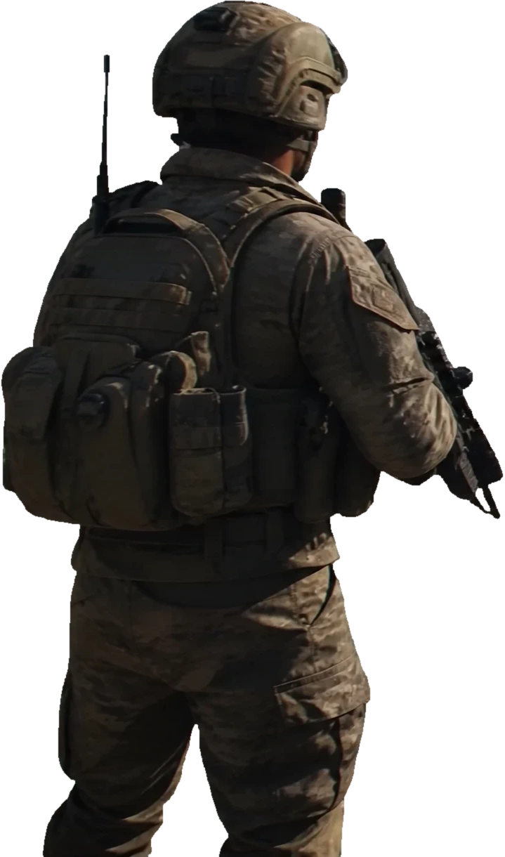 Soldier in the field, equipped for operations in harm's way